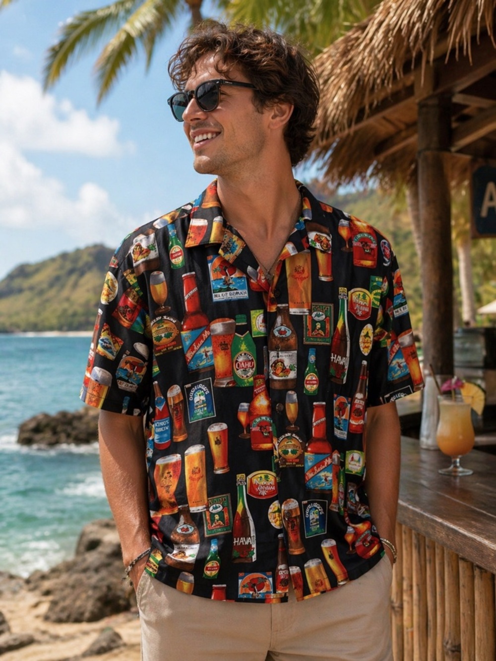 Hilo Hattie Hawaii Beer Print Button Down Short Sleeve Resortwear Shirt Size L